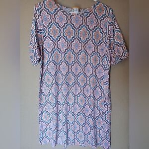 Ruby Rd Size Medium Womans T-Shirt Dress Pink Blue Peach Color Medallion Aztec